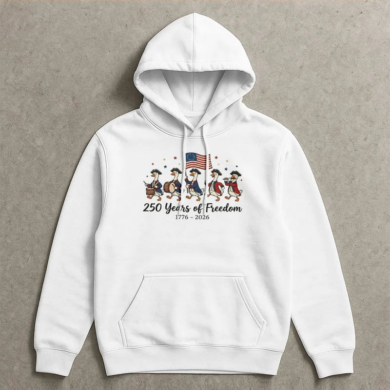 Patriotic Goose Hoodie | 250 Years of Freedom 1776-2026 Cartoon Art | Premium Cotton-Polyester Blend | Gift for History Lovers
