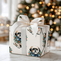 Dog Wreath Holiday Gift Wrap, Shih Tzu Christmas Wrapping Paper, Adorable Shih Tzu Puppy Wrapping Paper, Dog Lover Xmas Gift Wrap Roll