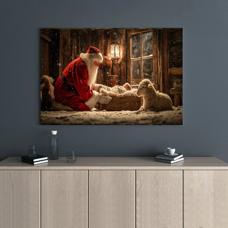 Christian Nativity Scene Canvas Print, Santa at Manger Canvas Wall Art, Religious Christmas Wall Art, Holiday Home Decor, Faith Based Present