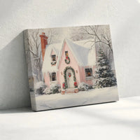 Snowy Winter Scene Art Print, Pink Christmas Cottage Canvas Wall Art, Comfy Holiday Cottage Wall Decor, Xmas Home Present Digital Download