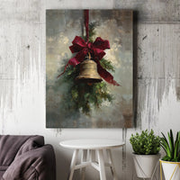 Oil Painting Pine Bough Canvas Print, Vintage Christmas Bell Wall Art, Traditional Holiday Wall Decor, Winter Xmas Canvas Art Present