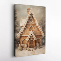 Snowy Winter Cabin Canvas Print, Christmas Gingerbread House Wall Art, Festive Holiday Wall Decor, Seasonal Christmas Cottage Canvas