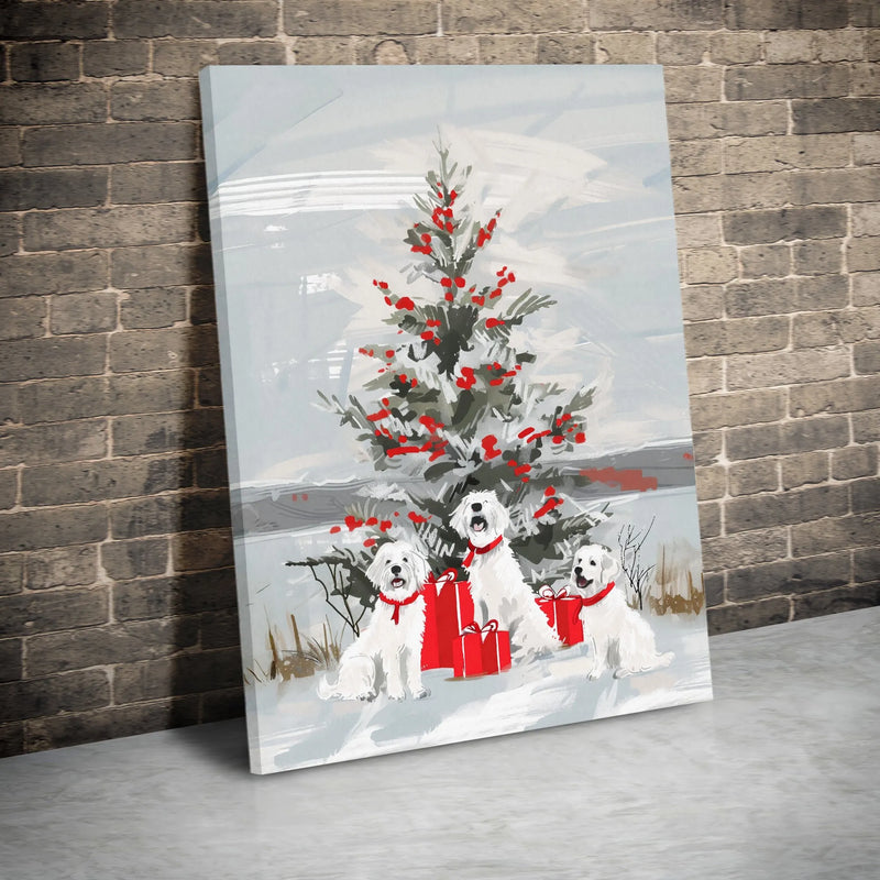 Snowy Holiday Dog Canvas Print, Three White Dogs Christmas Tree Canvas Art, Winter Xmas Tree Wall Decor, Adorable Puppy Canvas, Dog Lover Present