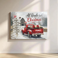 Red Truck Winter Farmhouse Wall Art, Custom Family Name Christmas Canvas, Personalized Holiday Decor, Rustic Winter Wonderland Present