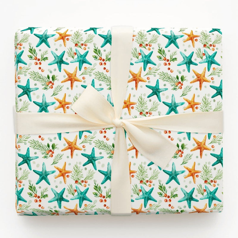 Coastal Christmas Wrapping Paper, Teal and Orange Starfish Wrapping Paper, Beach Holiday Botanical Wrapping Paper, Nautical Xmas Gift Wrap