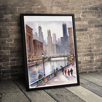 Winter Snow Landscape Canvas Print, Chicago Riverwalk Canvas Art, Christmas Cityscape Canvas Wall Decor, Chicago Skyline Holiday Canvas Present