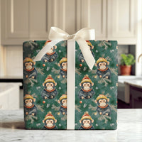Winter Animal Holiday Wrapping Paper, Watercolor Christmas Monkey Wrapping Paper, Pine Tree Monkey Gift Wrap, Xmas Gift Wrapping Paper