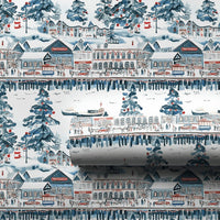 Snowy Harbor Village Gift Wrap, Coastal Christmas Wrapping Paper, Watercolor Nautical Pier Wrapping Paper, Seaside Holiday Gift Wrap Roll