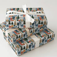 Snowy Urban Skyline Gift Wrap, Winter Cityscape Christmas Wrapping Paper, Watercolor City Holiday Wrapping Paper