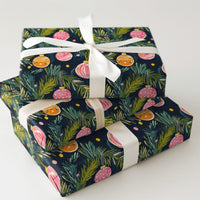 Pink Orange Ornament Gift Wrap, Watercolor Christmas Wrapping Paper, Pine Branch Holiday Wrapping Paper, Artistic Christmas Gift Wrap Roll