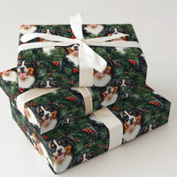 Festive Pine Holly Berry Gift Wrap, Bernese Mountain Dog Christmas Wrapping Paper, Holiday Dog Lover Present Paper, Winter Gift Wrap Roll