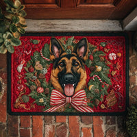 Holiday Wreath Dog Welcome Mat, German Shepherd Christmas Doormat, Festive Winter Puppy Door Mat, Xmas Dog Lover Porch Mat, Holiday Decor