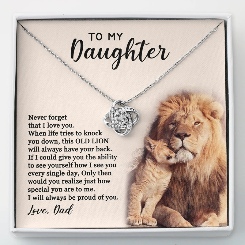 Lion Dad Sentiment Necklace, To My Daughter Love Knot Necklace, 14k White Gold Pendant Necklace, Meaningful Birthday Christmas Present Daughter