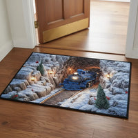 Winter Train Scene Welcome Mat, Holiday Magic Christmas Doormat, Festive Snowy Landscape Door Mat, Front Porch Entryway Mat, Xmas Present