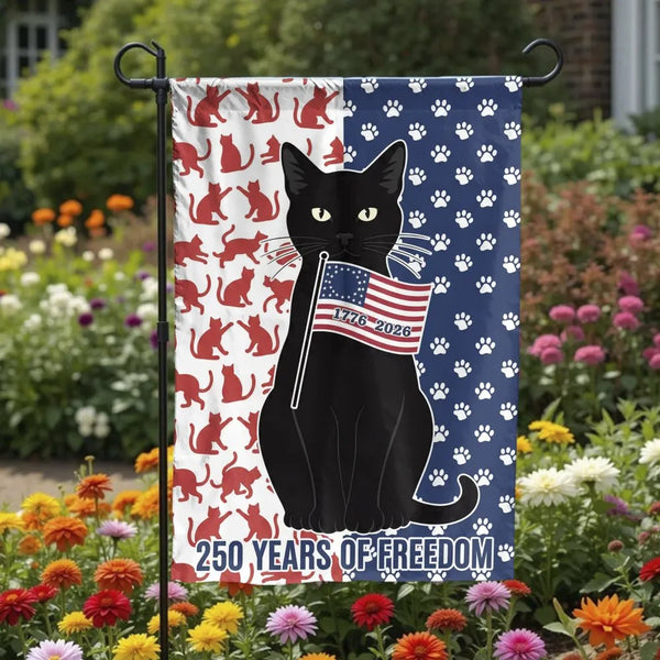 Patriotic Black Cat Garden Flag | 250 Years of Freedom 1776-2026 America Betsy Ross | Premium Double Sided Weatherproof Yard Banner | Patriotic Gift for Cat Lovers