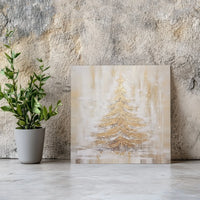 Abstract Winter Painting Print, Golden Christmas Tree Canvas Wall Art, Snowy Holiday Tree Canvas, Elegant Xmas Decor Digital Download