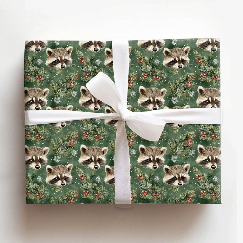 Woodland Berry Gift Wrap, Raccoon Christmas Wrapping Paper, Watercolor Animal Wrapping Paper, Pine Branch Holiday Gift Wrap, Xmas Paper