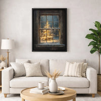 Snowy Window Winter Landscape Canvas Wall Art, Christmas Tree Canvas Print, Comfy Holiday Canvas Decor, Rustic Winter Season Canvas Art