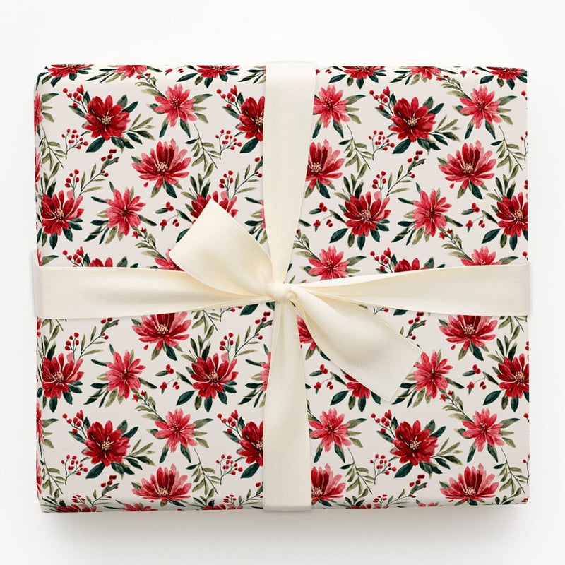 Winter Berry Holiday Gift Wrap, Watercolor Poinsettia Wrapping Paper, Floral Christmas Wrapping Paper, Botanical Holiday Gift Wrap Roll
