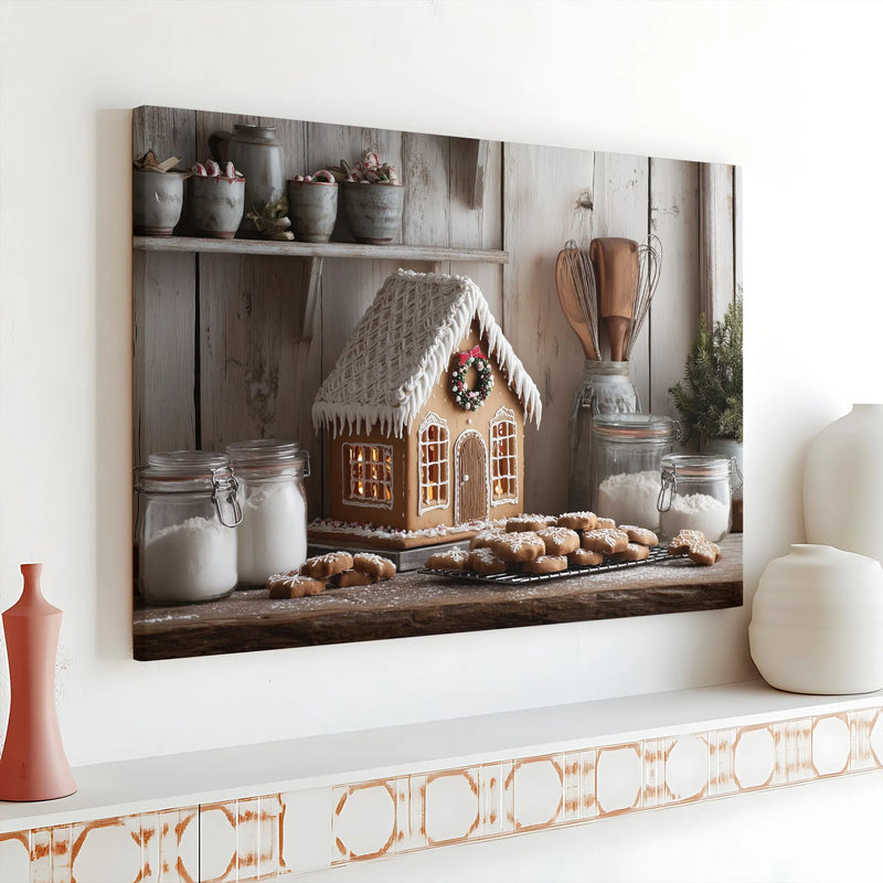 Christmas Bakery Kitchen Wall Art, Gingerbread House Canvas, Holiday Cookies Farmhouse Canvas Print, Comfy Gingerbread Wall Decor