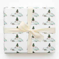 Retro Blue Car Holiday Wrapping Paper, Vintage Station Wagon Christmas Wrapping Paper, Tree on Car Gift Wrap, Nostalgic Xmas Paper Roll