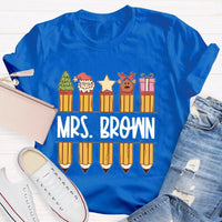 Custom Name Holiday Graphic Tee, Personalized Christmas Pencil Shirt, Adorable Teacher Christmas T-Shirt, Back to School Xmas Season Present