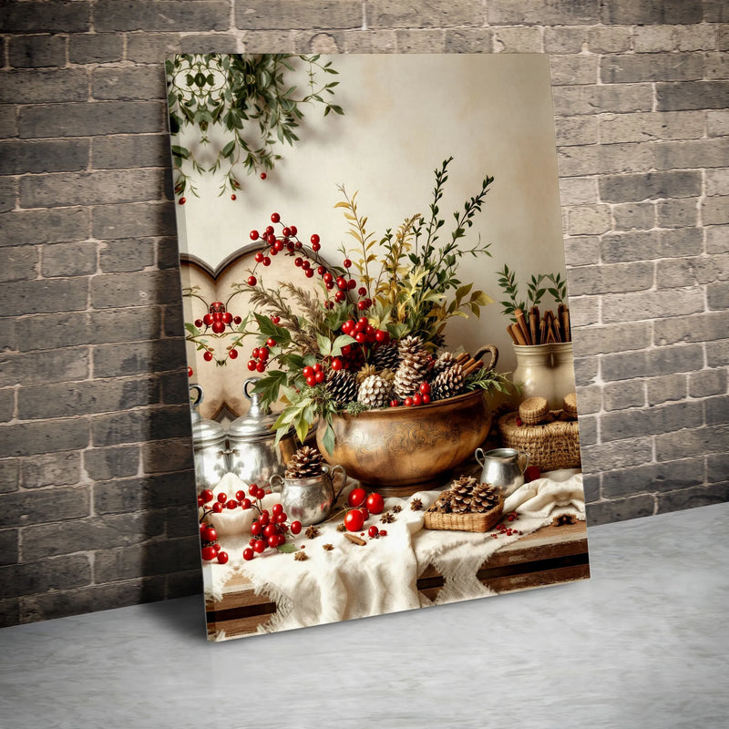 Pine Cones Berries Holiday Wall Art, Christmas Still Life Canvas Print, Winter Botanical Canvas, Christmas Wall Art, Seasonal Home Decor