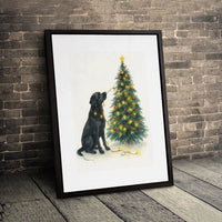 Watercolor Holiday Dog Lights Poster, Black Labrador Christmas Tree Canvas Art, Festive Pet Decor Print, Digital Download Present