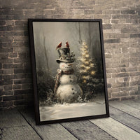 Rustic Winter Christmas Tree Canvas Print, Snowman with Cardinals Canvas Wall Art, Festive Holiday Wall Decor, Winter Scene Canvas Art