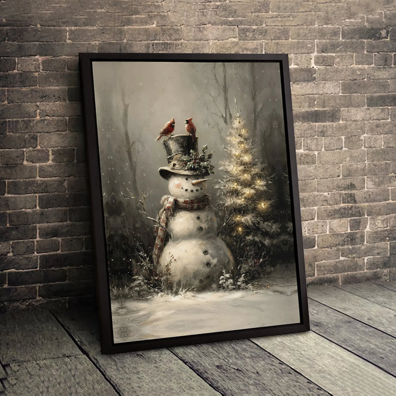 Rustic Winter Christmas Tree Canvas Print, Snowman with Cardinals Canvas Wall Art, Festive Holiday Wall Decor, Winter Scene Canvas Art