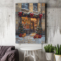 Snowy Winter Village Street Scene Painting, Christmas Toy Shop Canvas Art, Comfy Holiday Home Decor, Digital Download, Xmas Wall Print Present