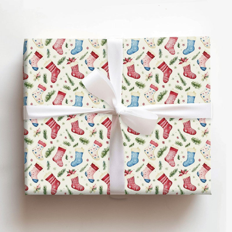 Watercolor Holly Holiday Gift Wrap, Christmas Stocking Wrapping Paper, Winter Botanical Wrapping Paper Roll, Festive Pine Xmas Present Wrap