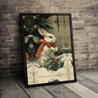 White Bunny Red Bow Poster, Vintage Christmas Rabbit Wall Art, Holiday Bunny Illustration Print, Festive Animal Decor