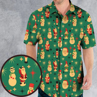 Vintage Holiday Pattern Aloha Shirt, Christmas Blow Mold Hawaiian Shirt, Retro Festive Graphic Shirt, Summer Xmas Beach Button Up Shirt
