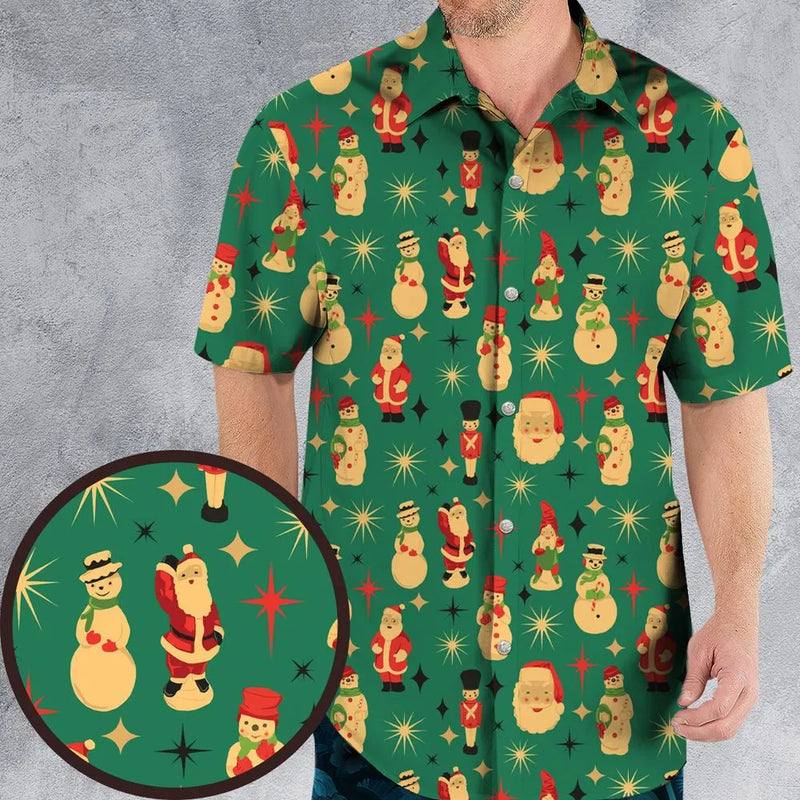 Vintage Holiday Pattern Aloha Shirt, Christmas Blow Mold Hawaiian Shirt, Retro Festive Graphic Shirt, Summer Xmas Beach Button Up Shirt