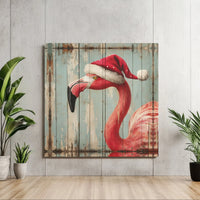 Rustic Wood Tropical Holiday Canvas Wall Art, Christmas Santa Hat Flamingo Canvas Art, Coastal Xmas Print, Pink Flamingo Lover Decor