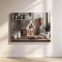 Christmas Bakery Kitchen Wall Art, Gingerbread House Canvas, Holiday Cookies Farmhouse Canvas Print, Comfy Gingerbread Wall Decor