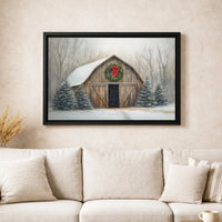 Snowy Farmhouse Christmas Wreath Print, Rustic Winter Barn Canvas Wall Art, Holiday Winter Landscape Canvas, Country Home Wall Decor