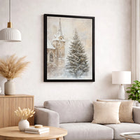 Christmas Tree Church Wall Art, Winter Church Snowy Landscape Canvas Art, Vintage Winter Church Painting, Holiday Digital Download Print