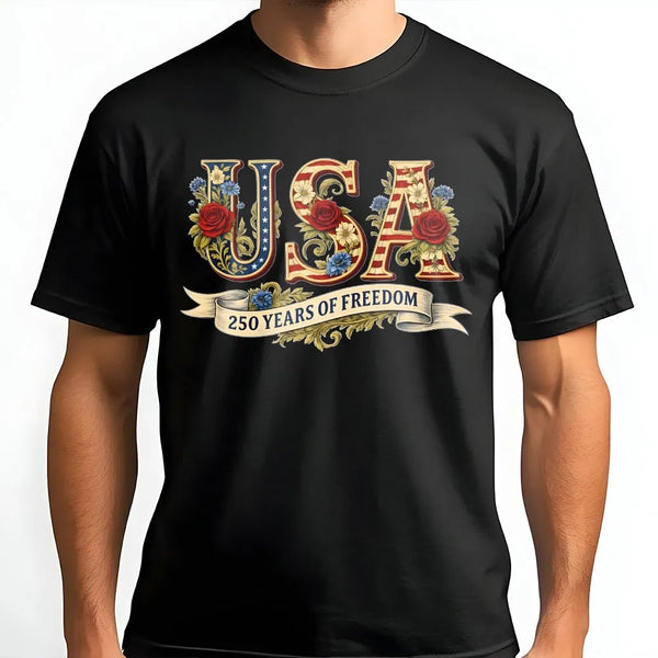 USA 250 Years of Freedom T-Shirt | Vintage Floral American Flag Design | Premium Cotton Tee | Patriotic Gift for Fourth of July 2026