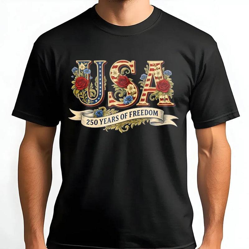 USA 250 Years of Freedom T-Shirt | Vintage Floral American Flag Design | Premium Cotton Tee | Patriotic Gift for Fourth of July 2026