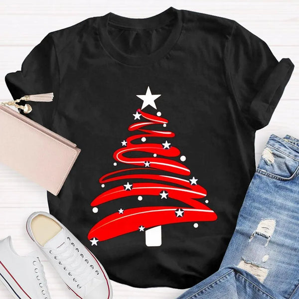 Festive Holiday Season Graphic Tee, Red Christmas Tree Stars Graphic Shirt, Merry Christmas Tree T-Shirt, Winter Holiday Part
