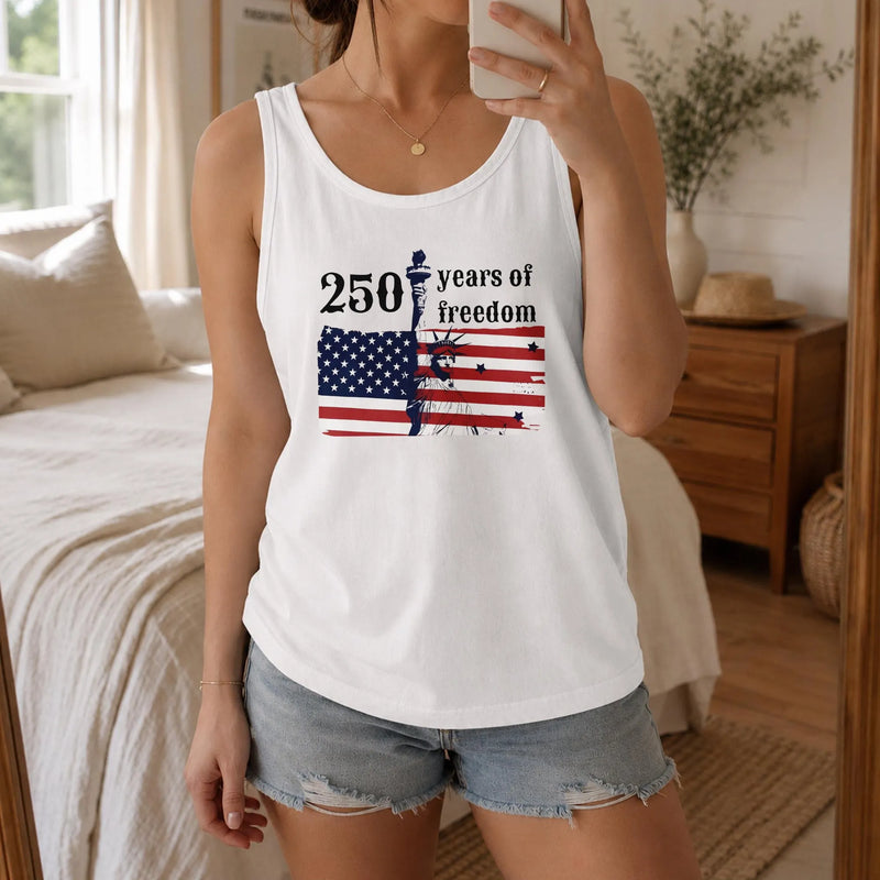 Patriotic 250 Years of Freedom Tank Top | USA Flag Statue of Liberty Graphic | Premium Lightweight Breathable Fabric | 250th America Anniversary Gift for Men Women