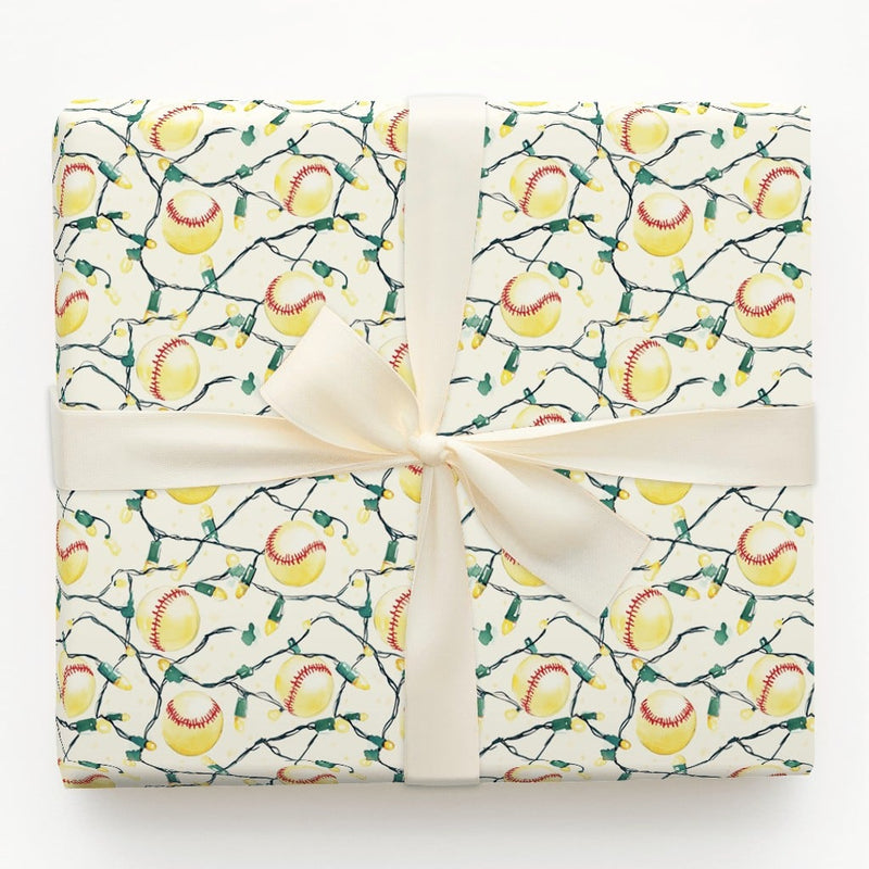 Holiday Lights Sport Gift Wrap, Baseball Christmas Wrapping Paper, Baseball Seams Present Paper, Baseball Fan Holiday Gift Wrap Roll