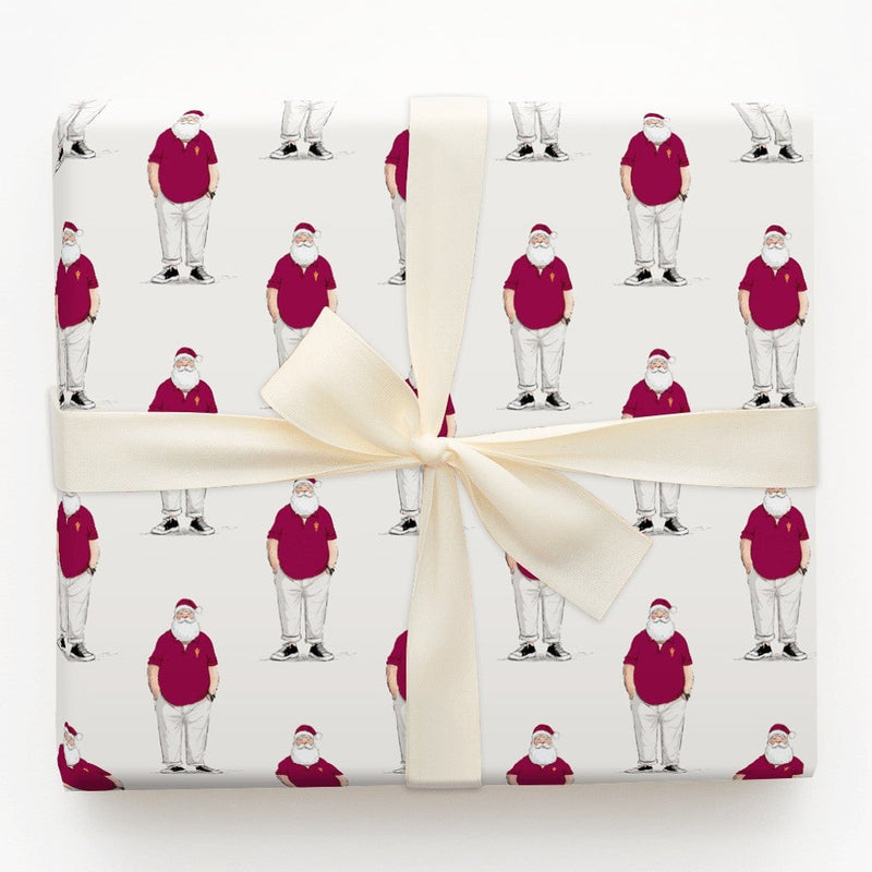 Casual Santa Christmas Gift Wrap, Maroon Polo Santa Wrapping Paper, Modern Santa Claus Holiday Paper, Humorous Xmas Present Wrap Roll