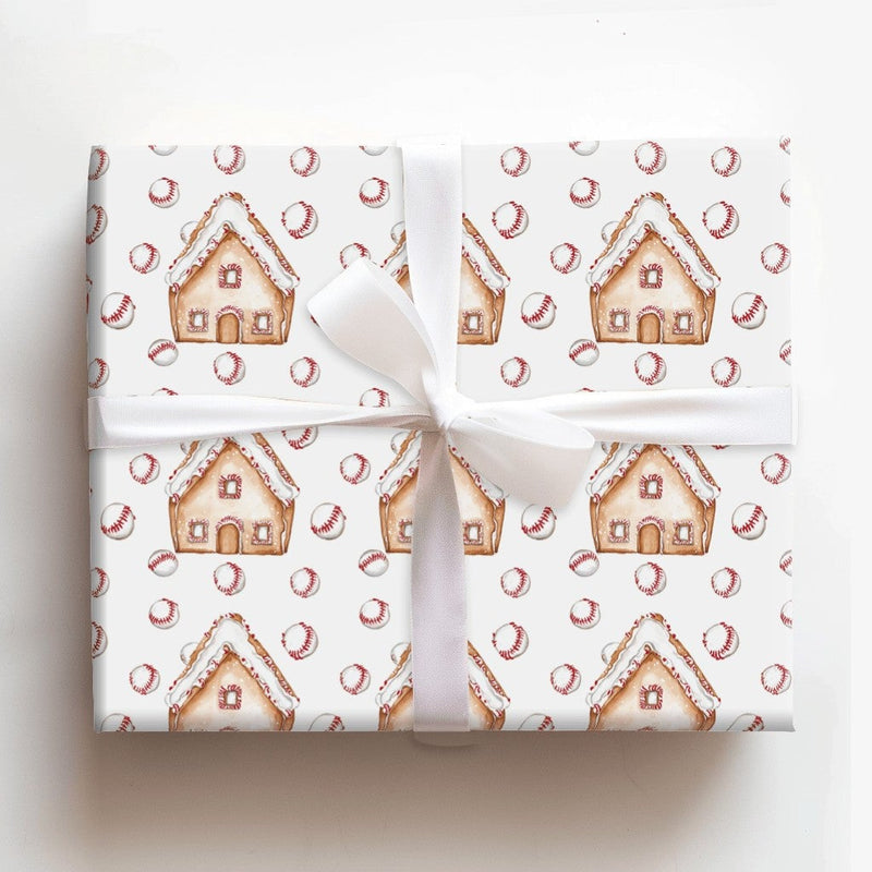 Sports Holiday Gift Wrap, Baseball Gingerbread Christmas Wrapping Paper, Baseball House Wrapping Paper Roll, Xmas Baseball Fan Gift Wrap