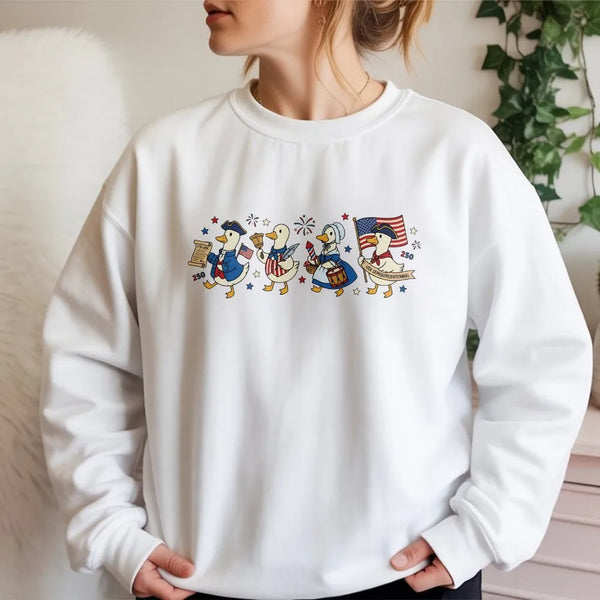 Patriotic Goose Sweatshirt | Funny America 250 Years Anniversary Cartoon Art | Soft Cotton Polyester Blend | 4th of July Gift for Americans