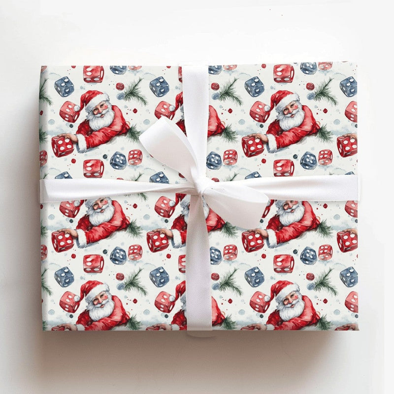 Watercolor Christmas Wrapping Paper Roll, Santa Rolling Dice Wrapping Paper, Tabletop Gamer Gift Wrap, Holiday Board Game Wrapping Paper