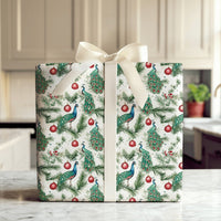 Pine Branch Bird Gift Wrap, Watercolor Peacock Christmas Wrapping Paper, Red Ornament Wrapping Paper, Elegant Winter Holiday Wrapping Paper