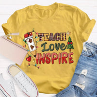 Festive Tree Lights Teacher Tee, Teach Love Inspire Christmas T-Shirt, Holiday Educator Shirt, Merry Christmas School Teacher Present